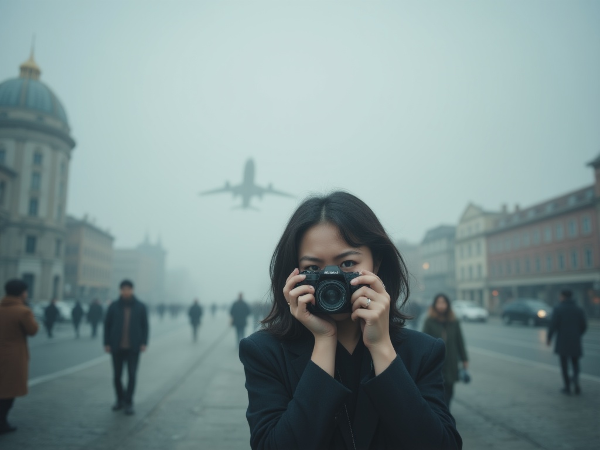 Женщина в туманном сером городе держит фотоаппарат, но смотрит сквозь него с пустым взглядом, символизируя эмоциональное онемение и потерю связи с миром.