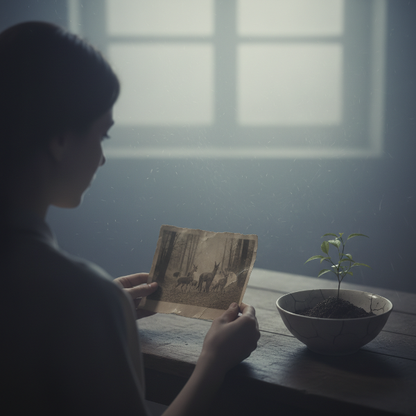 Женщина в туманной комнате смотрит на поблекшую фотографию животных, на столе из пустой миски пробивается маленький росток.