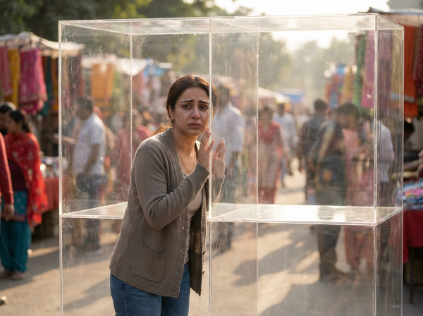 Женщина внутри прозрачной клетки смотрит на яркий внешний мир, символизируя чувство заточения и страх перед переменами.