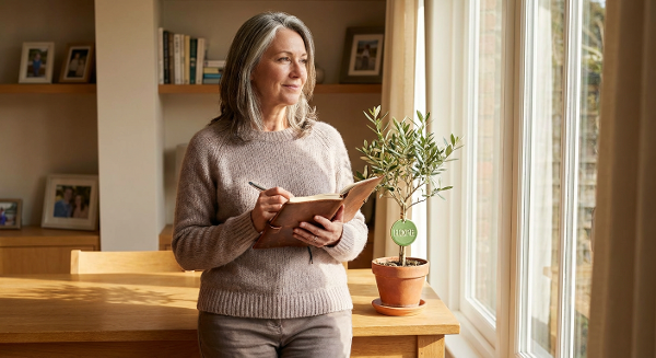 Женщина средних лет в светлой комнате с дневником и растением, олицетворяющая надежду и новый этап жизни после утраты.