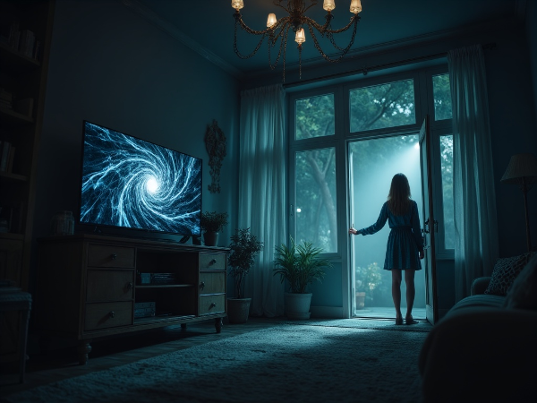 Женщина в пустой квартире, окруженная виртуальными экранами и видимыми тревожными мыслями, смотрит на открытую дверь в свет.
