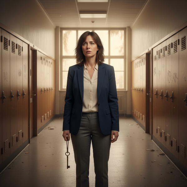 Женщина в пустом школьном коридоре с закрытыми дверями, символизирующая поиск себя и внутреннюю тревогу.