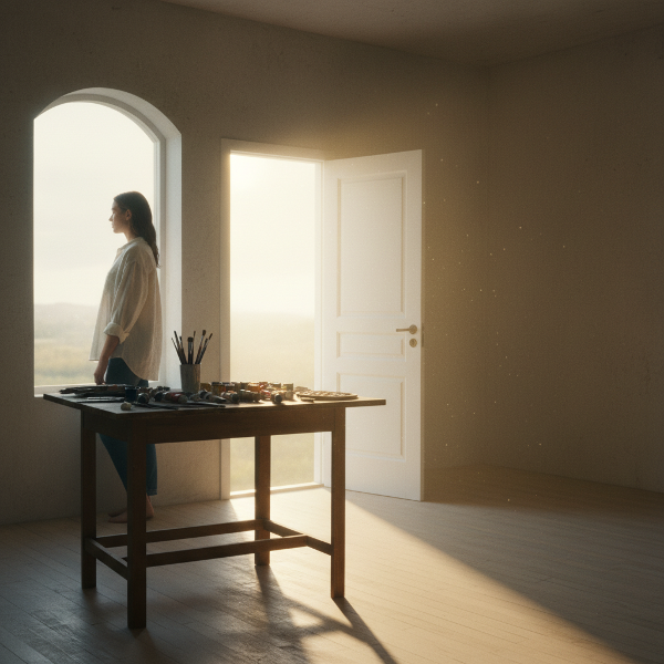 Одинокая женщина средних лет в своей квартире, размышляя о будущем, смотрит на закрытую дверь, ведущую к новым возможностям.