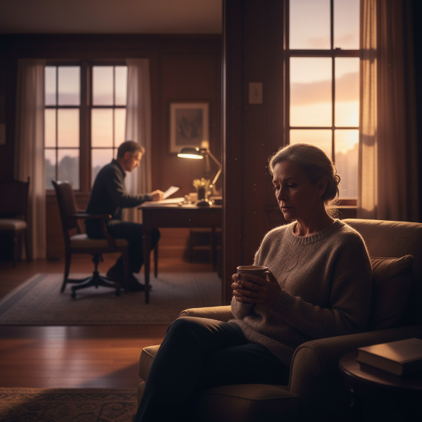 Женщина средних лет в момент размышления и грусти дома, символизирующая эмоциональную усталость и отдаление в паре после долгого пути попыток зачатия.