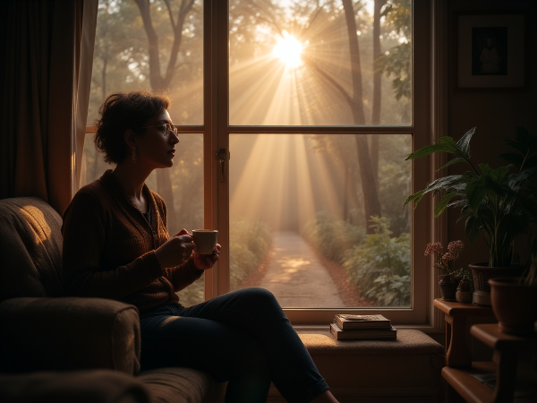 Женщина средних лет в момент размышления на пороге нового жизненного этапа, символизируемого дорогой в туманный лес.