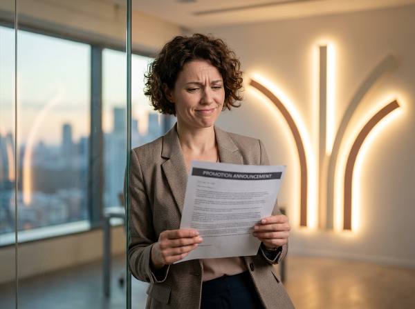Женщина в офисе размышляет о карьерном пути, глядя на объявление о повышении коллеги. Светлый кабинет, раздваивающаяся тропинка символизирует выбор и самоанализ.
