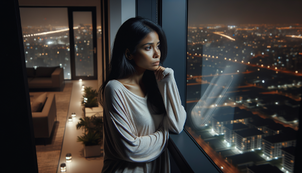 Женщина в пустой современной квартире ночью, смотрящая на городские огни, символизирующая одиночество и внутреннюю пустоту за внешним успехом.