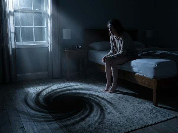 Женщина средних лет ночью в комнате, символизирующая чувство опустошения и проблеск надежды.
