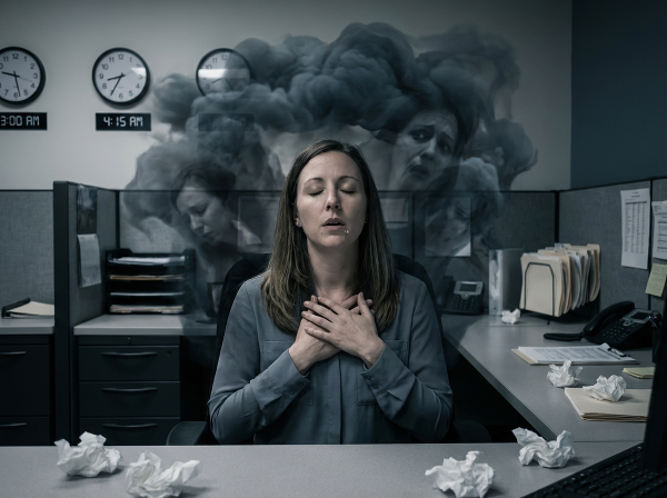 Женщина в офисе, охваченная тревогой, с символическими образами страхов о будущем и панических атак.