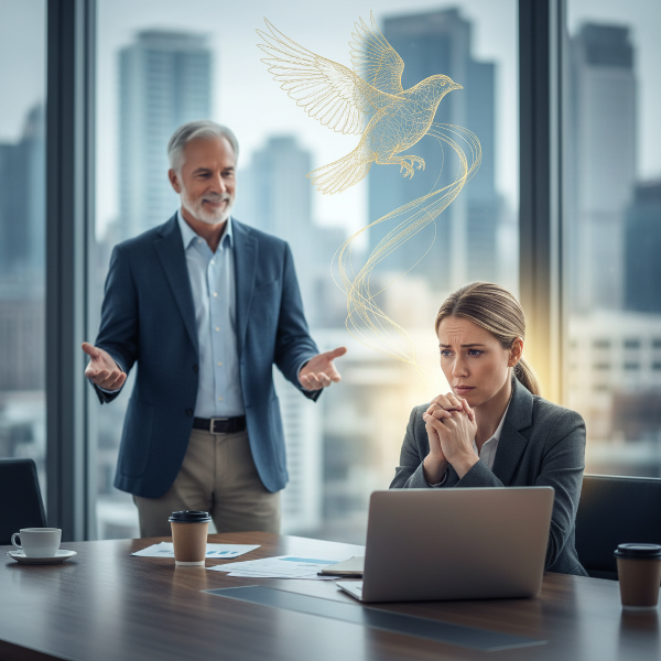 Женщина в офисе перед совещанием испытывает тревогу, в фоне символически изображена поддерживающая фигура психолога, олицетворяющая помощь в преодолении неуверенности.