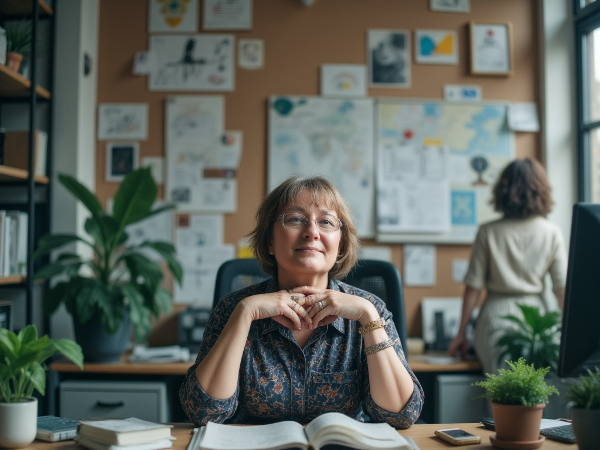 Женщина в офисе, окруженная символами внутренней силы и роста, отражающими путь к уверенности.