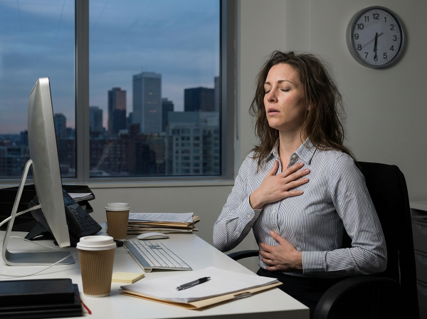 Женщина в офисе смотрит в окно, делая дыхательные упражнения, чтобы снять стресс после рабочего дня, с семьёй на заднем плане.