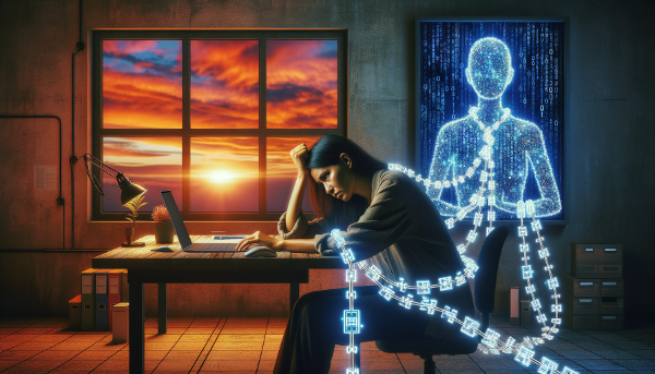 Женщина, испытывающая стресс и выгорание в темном офисе, с символами надежды на освобождение.