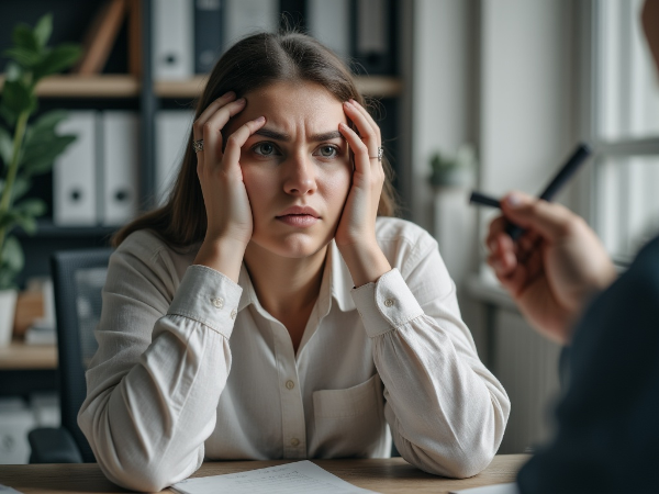 Женщина испытывает стресс на работе, но получает психологическую поддержку, символизирующую путь к уверенности и спокойствию.