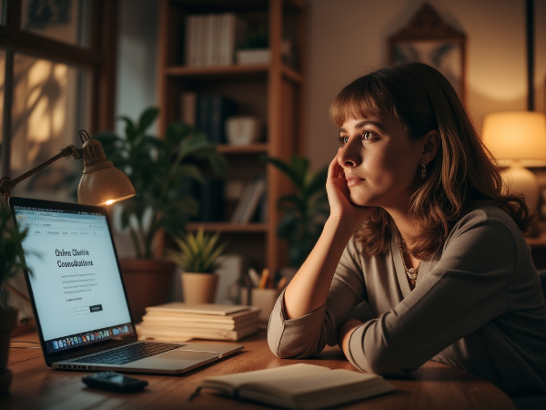 Женщина средних лет за рабочим столом, размышляющая о преодолении сомнений и восстановлении уверенности в себе.