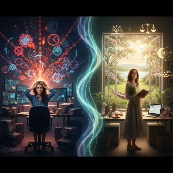 Женщина в офисе, окруженная символами перфекционизма и выгорания, переходит к более сбалансированному состоянию.