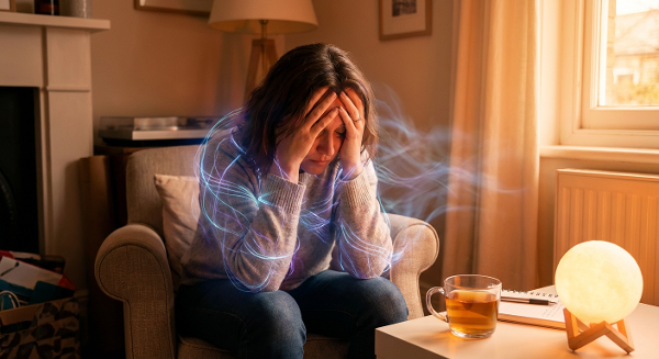 Женщина, испытывающая усталость и тревогу, с визуализацией стресса, который мягко развеивается светом заботы и поддержки.