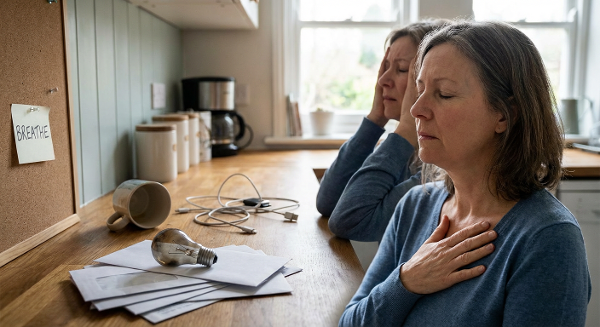 Женщина средних лет в домашней обстановке, испытывающая раздражение и гнев, с визуальными метафорами стресса и попытками саморегуляции.