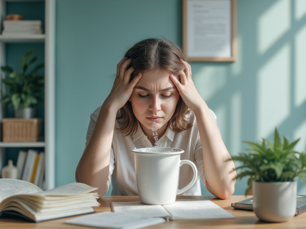 Молодая женщина, испытывающая эмоциональное истощение, с метафорой переполненной чаши, символизирующей стресс и раздражительность.