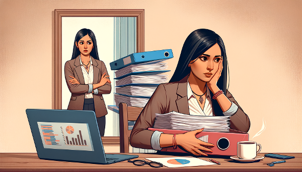 Женщина в деловой обстановке испытывает тревогу перед переговорами, но находит опору через подготовку и техники заземления, символизируя преодоление страха.