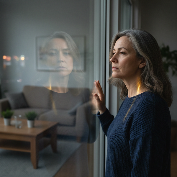 Женщина средних лет в момент тихого одиночества и размышлений, с проблеском надежды.