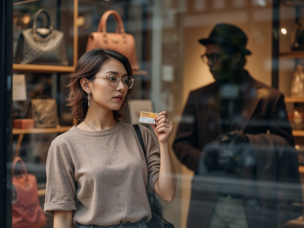 Женщина стоит перед витриной с сумкой, в её отражении видна контролирующая фигура, она держит свою банковскую карту.