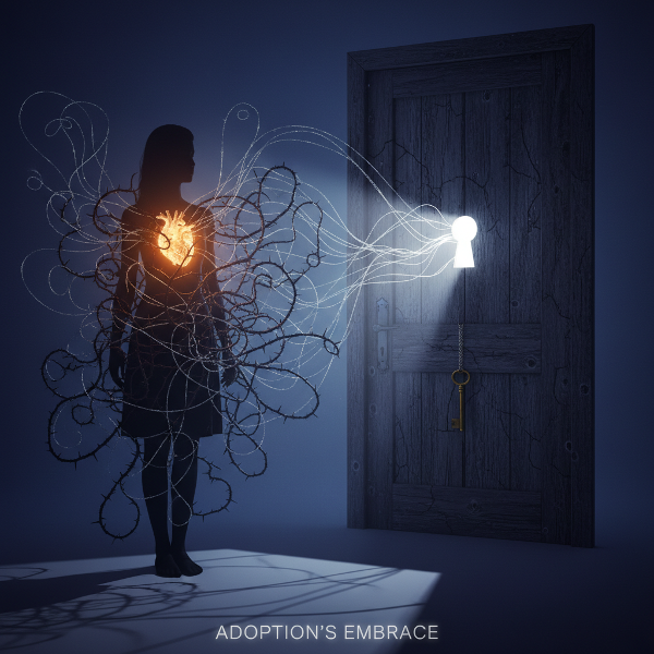 Символическое изображение внутреннего конфликта женщины: её желание стать матерью через усыновление и страх, который физически блокирует её речь.