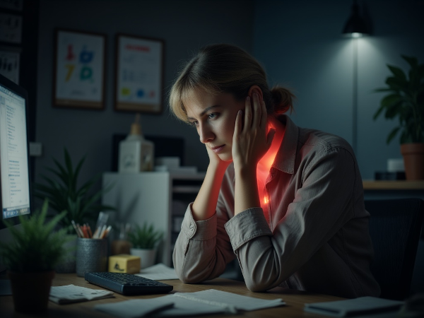 Женщина средних лет в офисе, испытывающая напряжение и боль в шее и плечах, символизирующие груз ответственности.