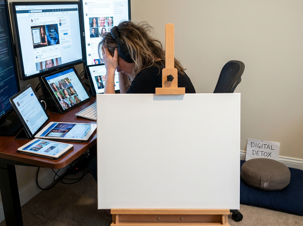 Женщина, испытывающая стресс от сравнения в соцсетях и творческий блок, ищет гармонию через осознанность и отдых.