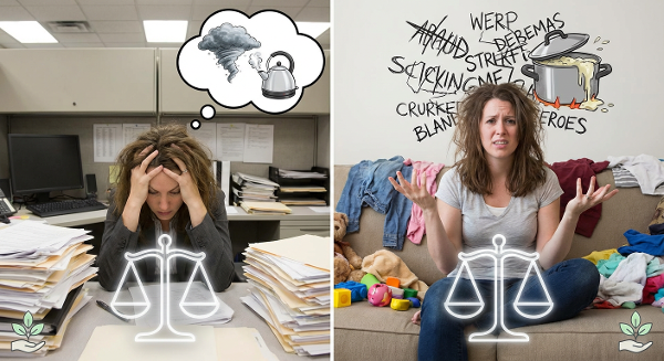 Изображение женщины, испытывающей стресс и раздражение на работе и дома, с визуальными метафорами кипящих эмоций и поиска спокойствия.