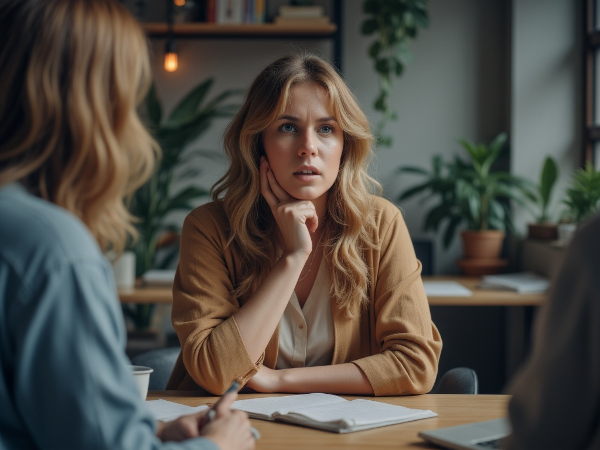 Женщина, застрявшая в цикле низкой самооценки, колеблется на совещании, в то время как маленькие шаги к успеху и искры любопытства светятся вокруг неё.