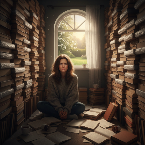 Женщина в комнате, заваленной стопками непрочитанных книг, испытывает внутреннюю борьбу между тревогой и мимолетным облегчением.
