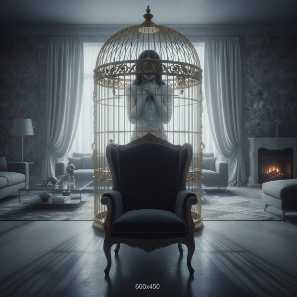 Женщина чувствует себя невидимой и подавленной в собственных отношениях, её личность растворяется в интерьере, который контролирует партнёр.