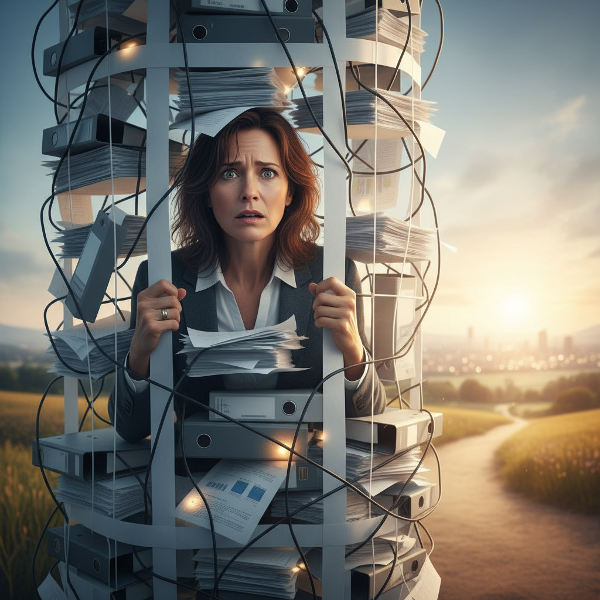 Женщина в метафорической ловушке из офисных бумаг, смотрящая на путь света, ведущий к изменениям.