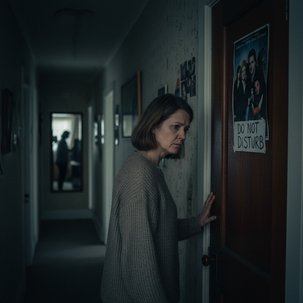 Тревожная мать смотрит на закрытую дверь комнаты подростка, символизируя эмоциональную дистанцию и разрыв в общении.