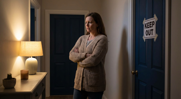 Мать с тревогой смотрит на закрытую дверь комнаты подростка, символизирующую его замкнутость и трудности в общении.