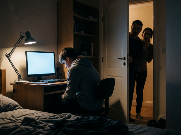 Подросток в своей комнате, родители беспокоятся за дверью.