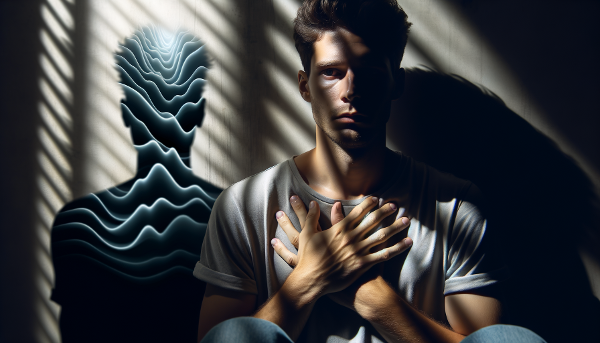 Молодой человек в своей комнате, окруженный абстрактными волнами тревоги и неопределенности, с проблеском надежды в виде светлого пути.