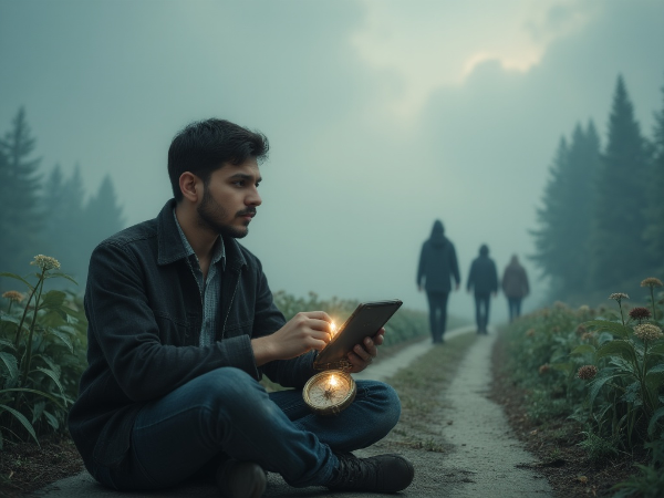 Молодой человек на перепутье, символизирующем поиск жизненного пути, смотрит на компас в руке, в то время как другие фигуры идут по своим дорогам.