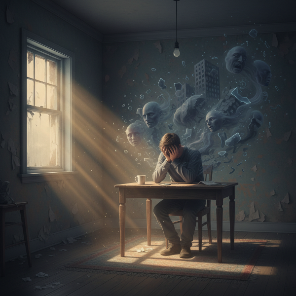 Молодой человек в состоянии эмоционального истощения, окружённый тенями травматических воспоминаний, с проблеском надежды.