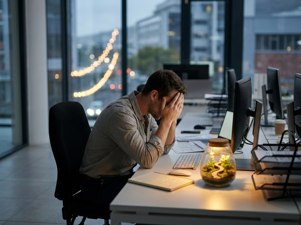 Молодой человек в офисе, испытывающий выгорание, с символами усталости и зарождающейся надежды на восстановление.