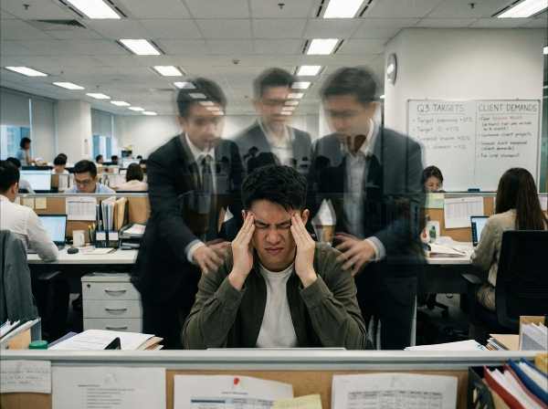 Иллюстрация эмоционального выгорания и психосоматического напряжения у молодого человека в офисе.