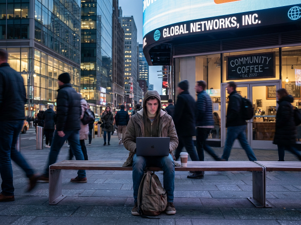 Молодой человек в городе, размышляющий о преодолении одиночества и поиске настоящего общения на фоне цифровой жизни.