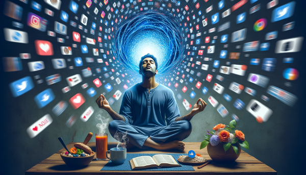 Молодой человек, чувствующий себя подавленным зависимостью от смартфона, ищет спокойствие и баланс через осознанность и новые утренние ритуалы.