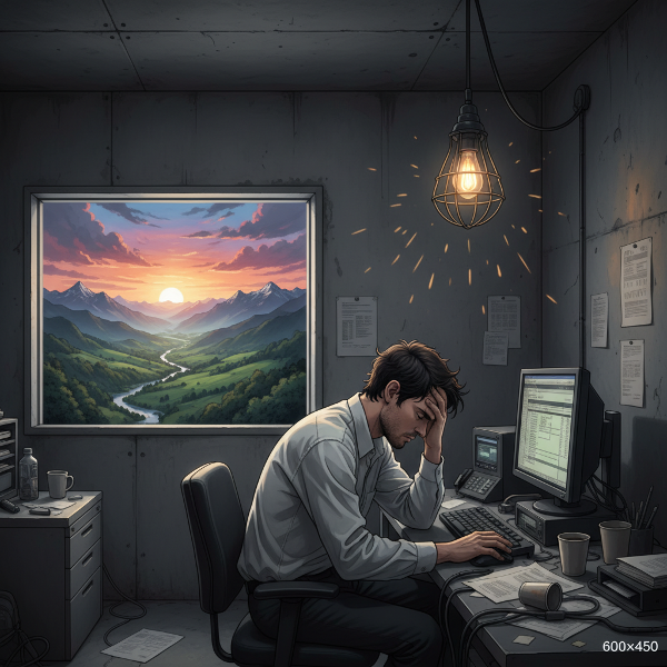 Молодой специалист в офисе испытывает стресс и творческий блок, символизируемый тусклой лампочкой, в то время как за окном виден яркий, вдохновляющий мир.