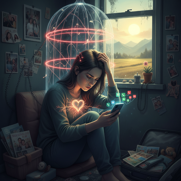 Молодая женщина, разрывающаяся между чувством вины перед семьей и желанием личной свободы, держит в руках телефон, символизирующий давление и контроль.