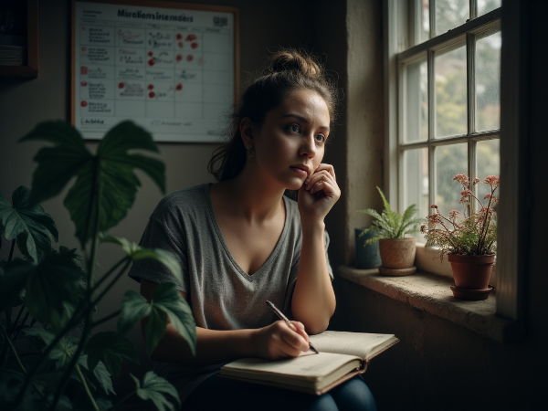 Молодая женщина в состоянии усталости и эмоционального истощения в своей комнате, с символами выгорания и началом пути к восстановлению.