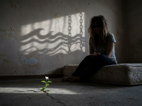 Молодая женщина в полумраке, окружённая символами кошмаров и апатии, с зарождающимся ростком надежды.