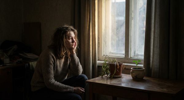 Девушка в комнате с усталым взглядом, смотрящая в окно, где слабый свет символизирует надежду, рядом увядшее и живое растение.
