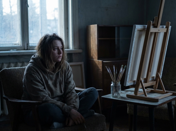 Молодая женщина в состоянии эмоционального истощения и апатии, сидящая в полутемной комнате и безучастно смотрящая на стену, в то время как её художественные принадлежности остаются нетронутыми.